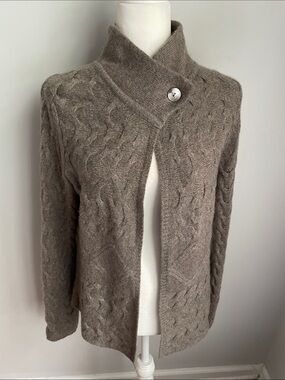 Elena Solano Cashmere Cozy Cable Knit Taupe Shawl Collar Sweater Size Large